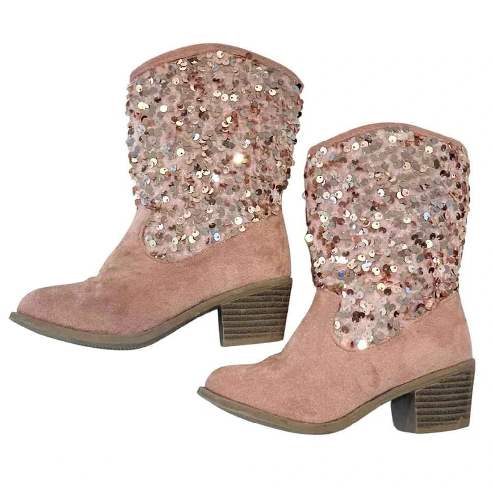 Girls Cowgirl Sequin Embellished Pink Ankle Boots